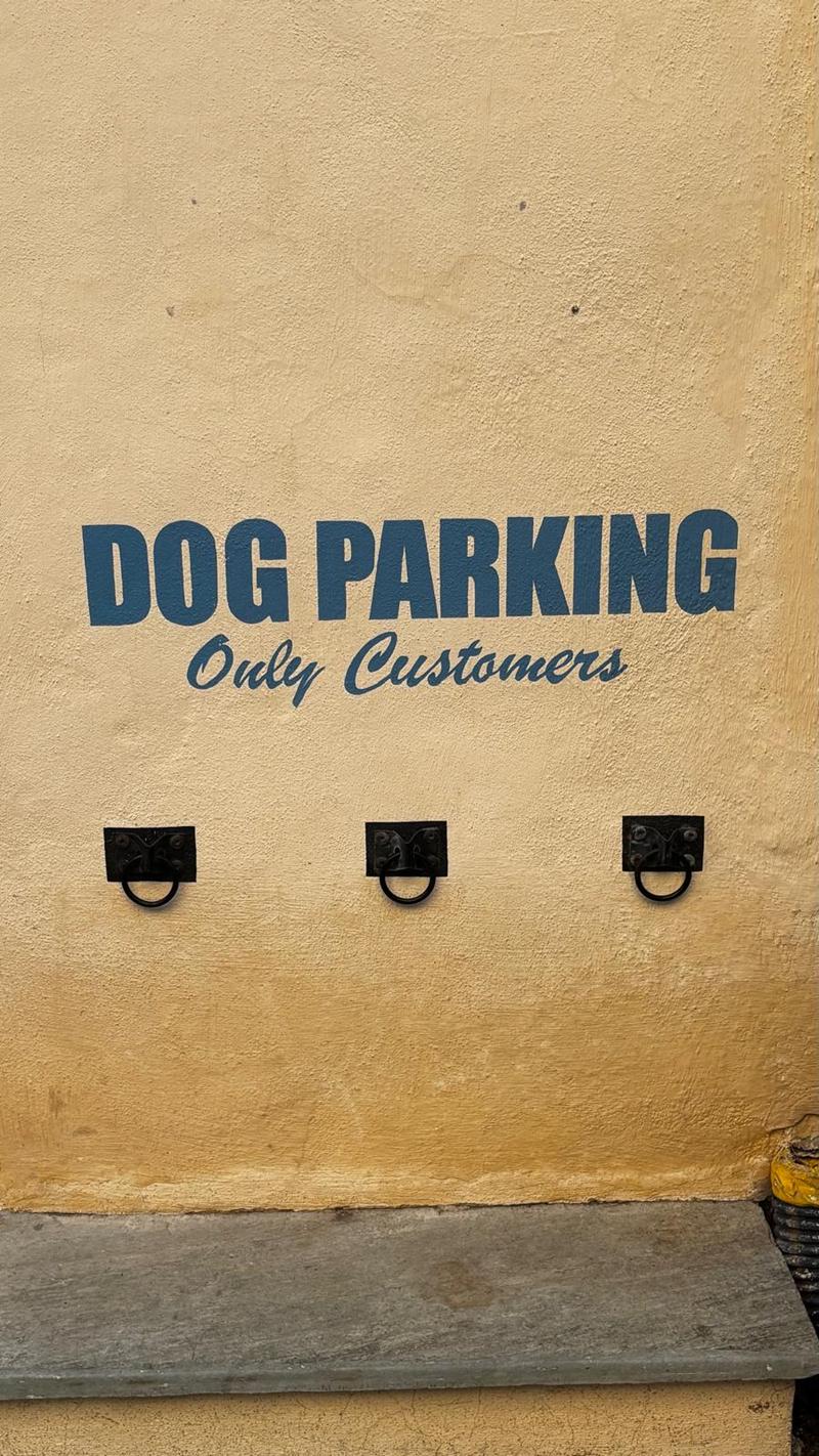Enseigne Dog parking sur un mur jaune