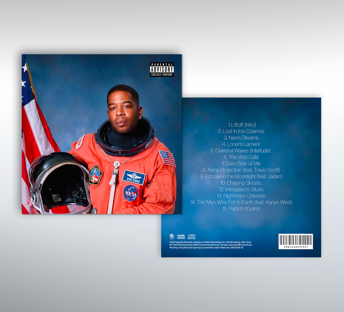 Recto et verso de la pochette : Kid Cudi en combinaison de cosmonaute sur fond bleu profond