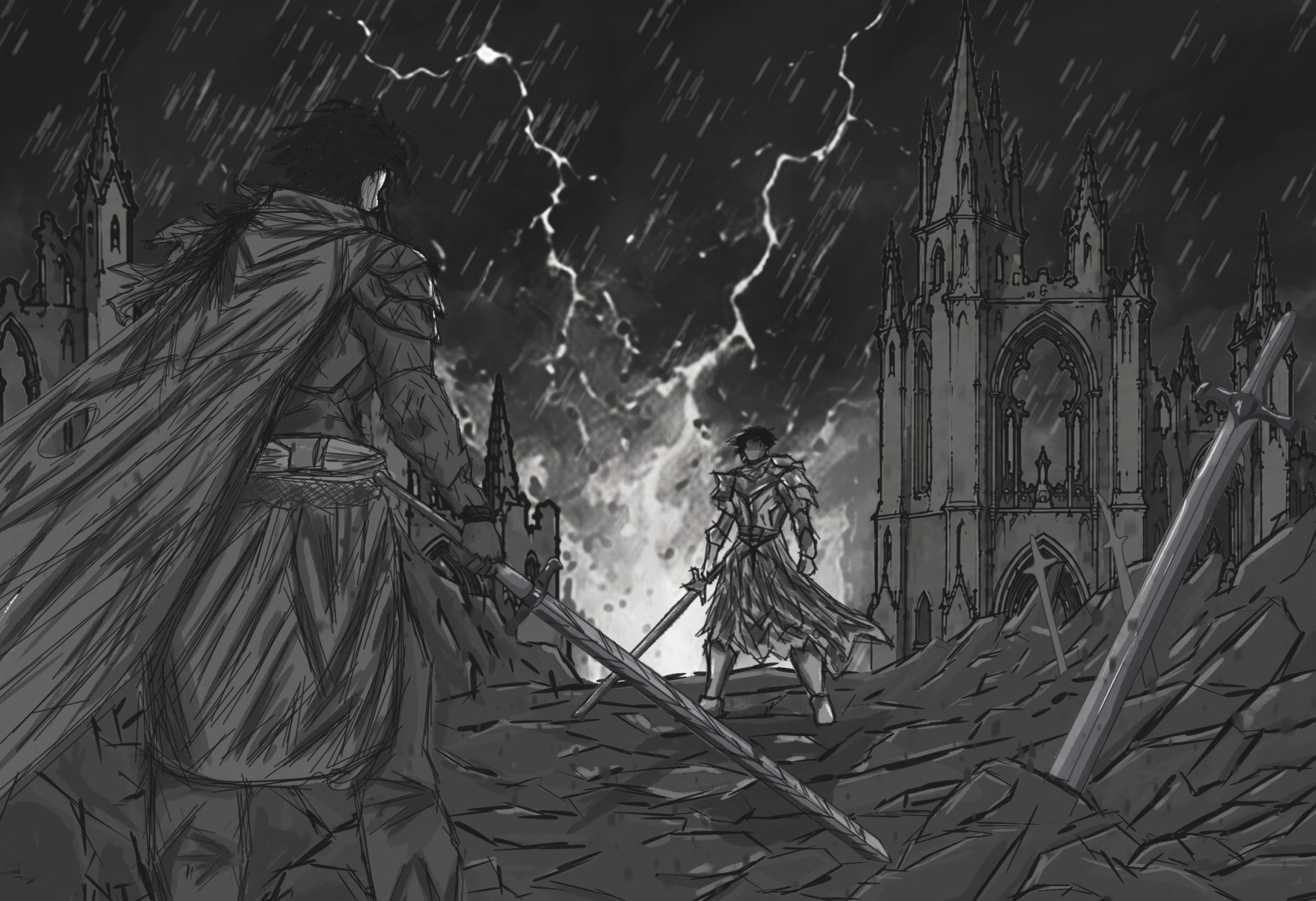 Illustration en noir et blanc : deux chevaliers devant une cathédrale sous l’orage