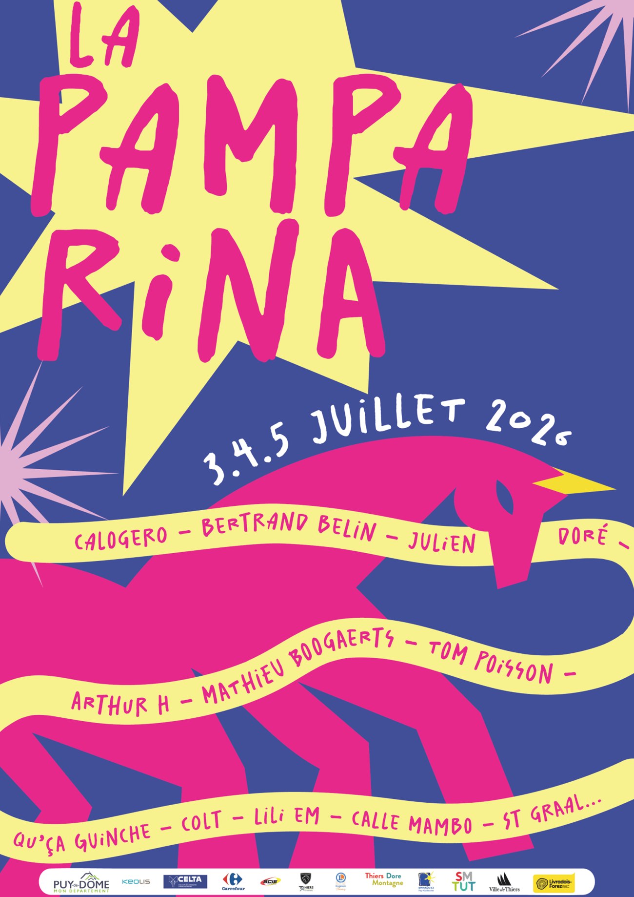 Affiche La Pamparina : licorne rose et étoile jaune sur fond bleu